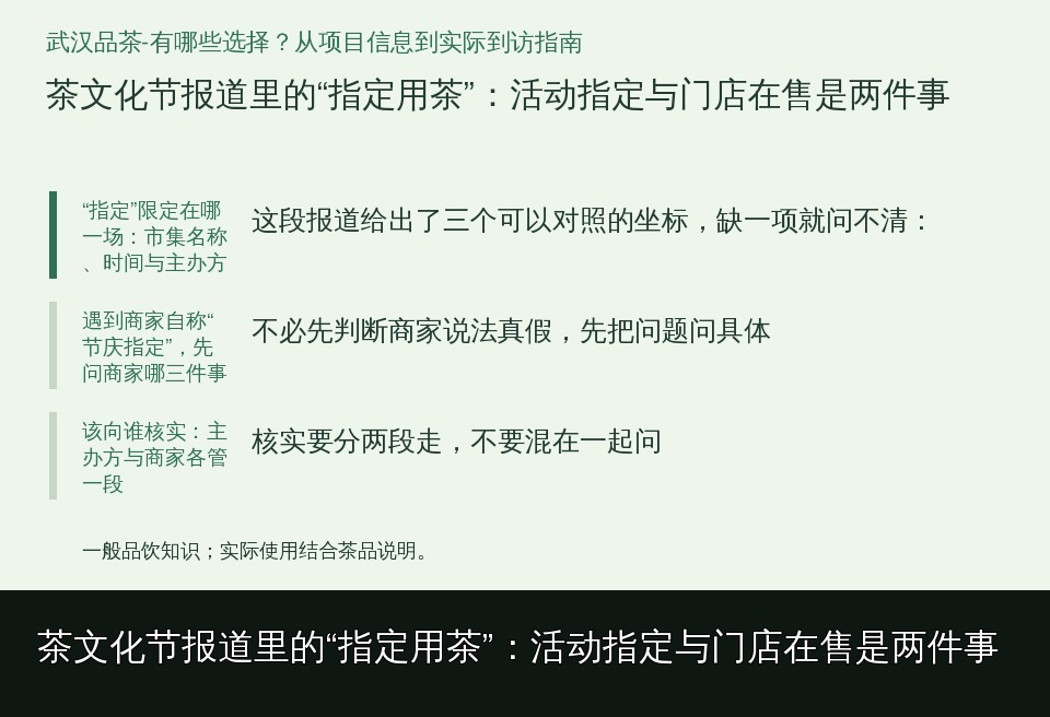 茶文化节报道里的“指定用茶”：活动指定与门店在售是两件事的知识要点示意图